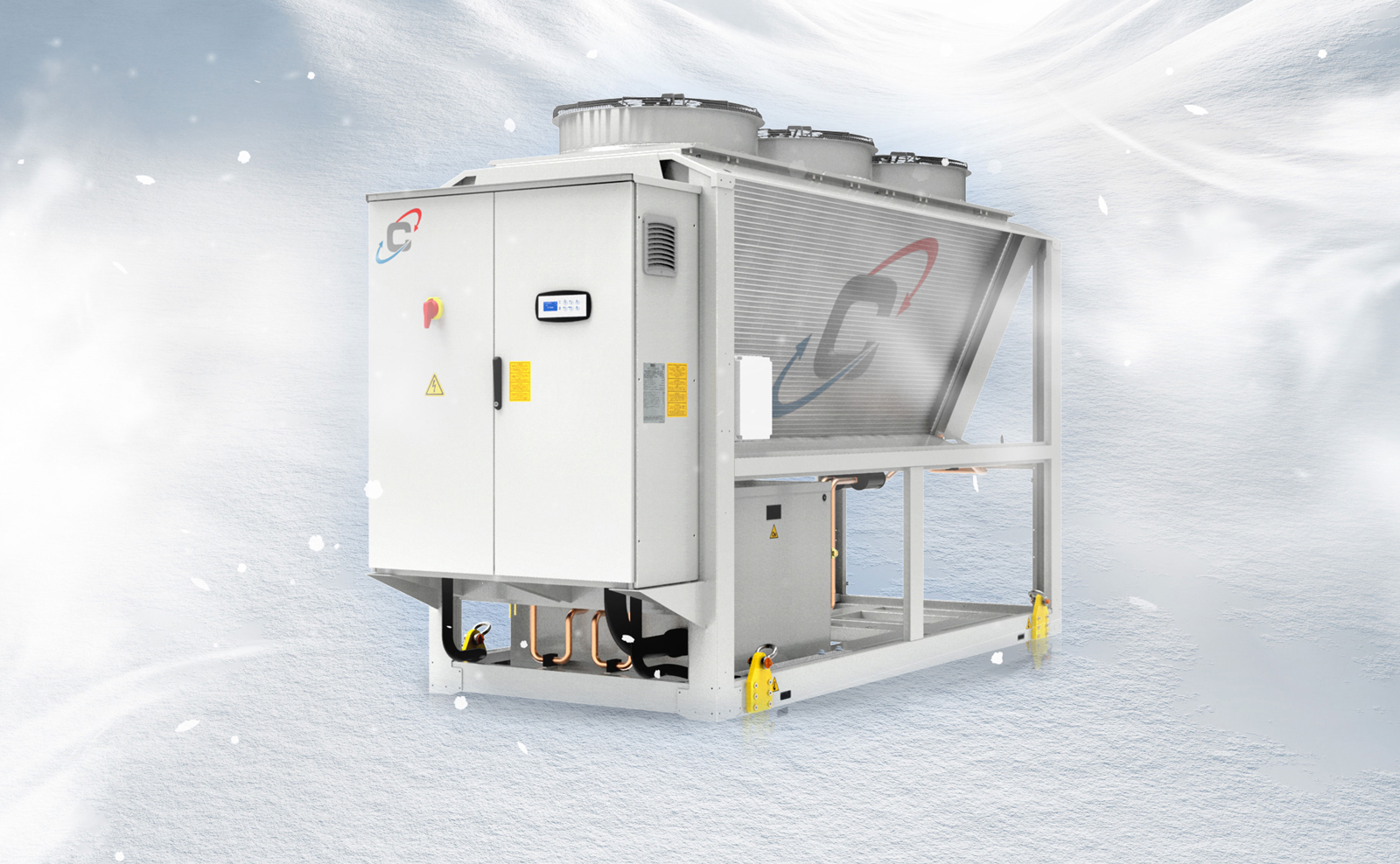 Ein Produktbild einer weißen Kältemaschine auf dekorativem Schnee-Hintergrund.